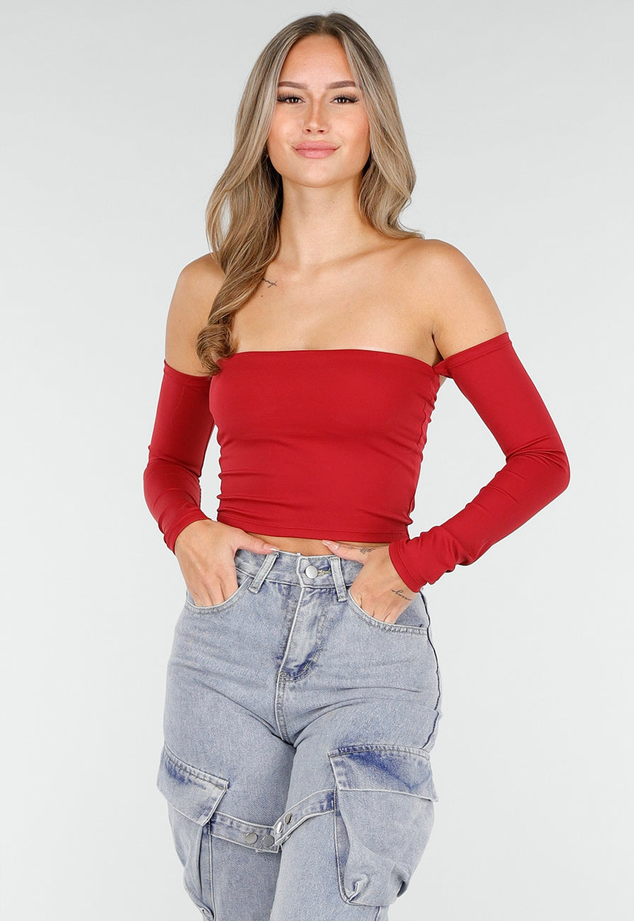 Off Shoulder Top met Lange Mouwen in Rood