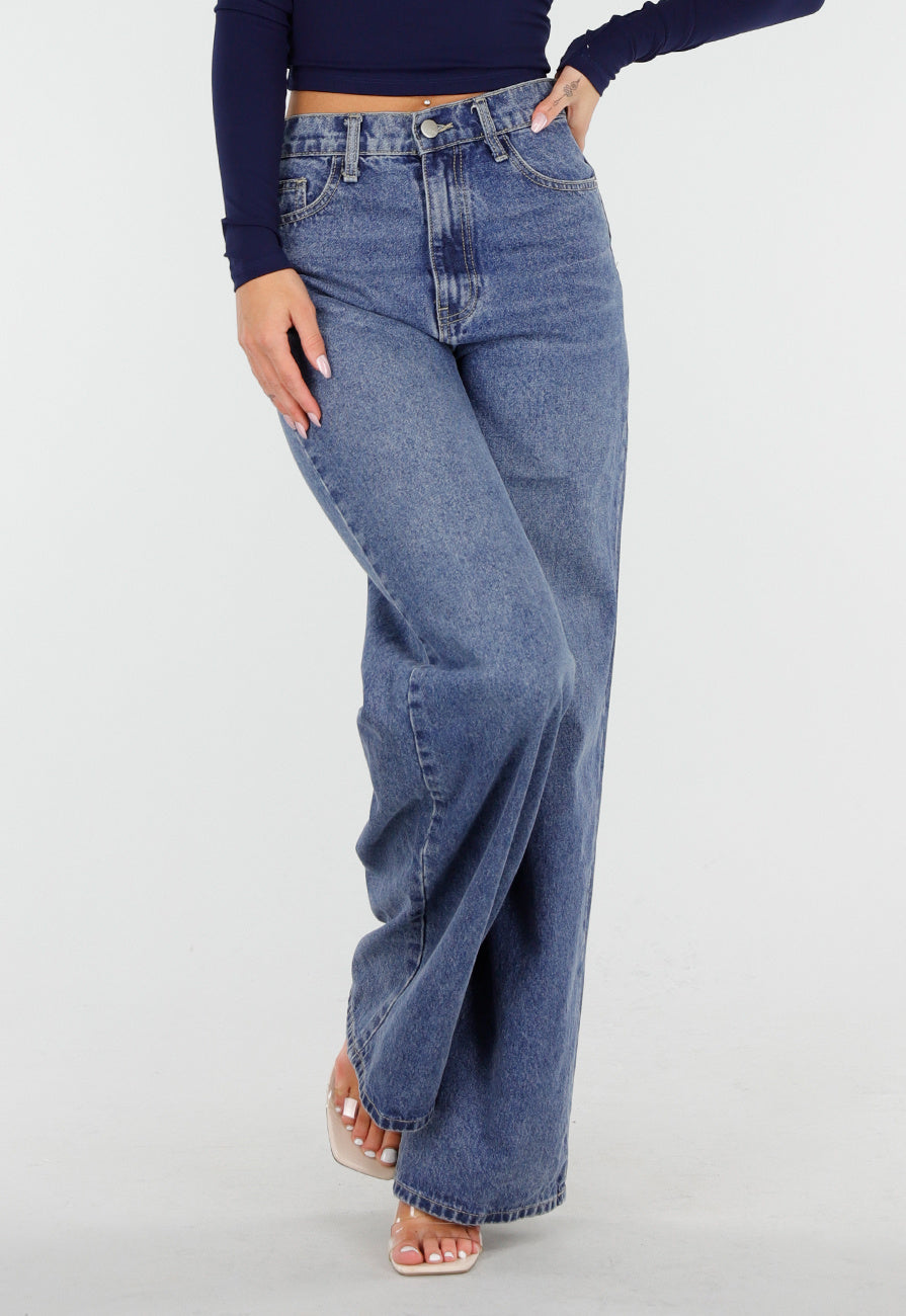 Donkerblauwe High Waist Wide Leg Jeans met Losse Pijpen