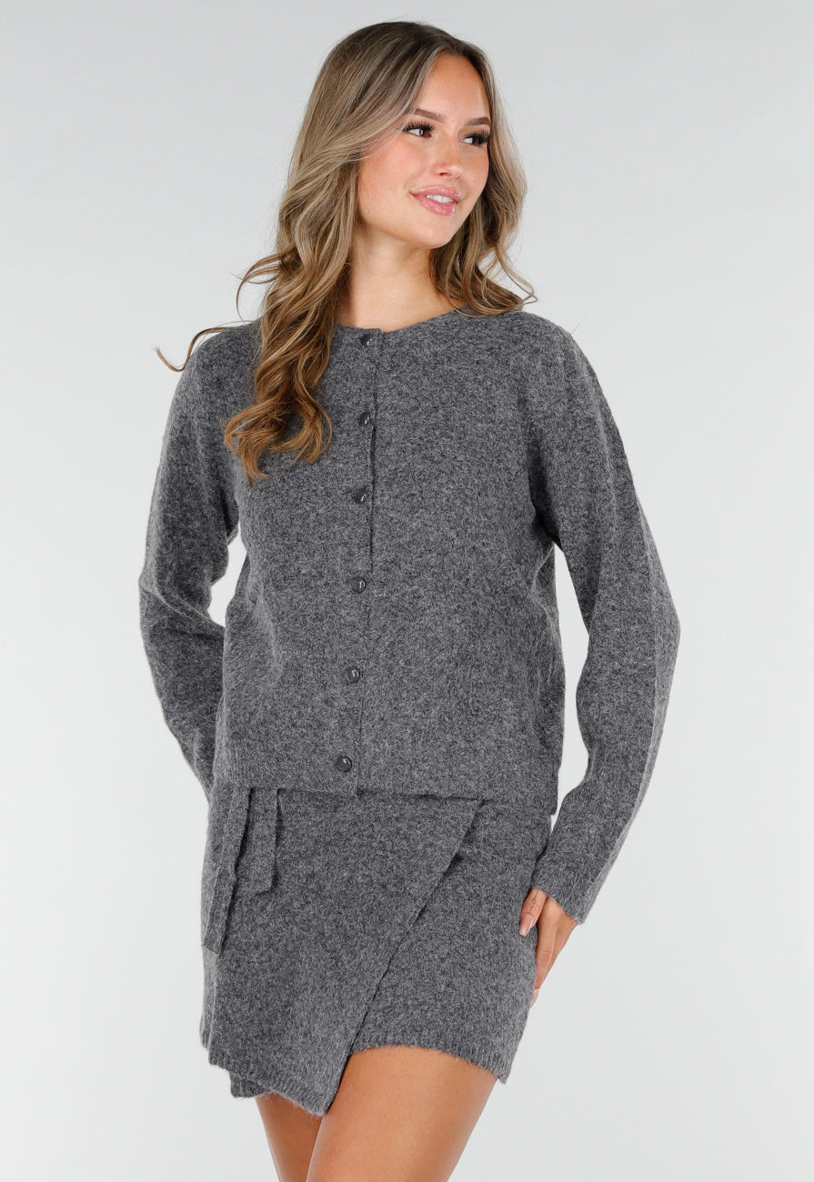 Grijs Gebreid Vest met Lange Mouwen en Knoopsluiting