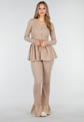 Beige Stretch Two-Piece Set met Flared Broek en Knopen Top