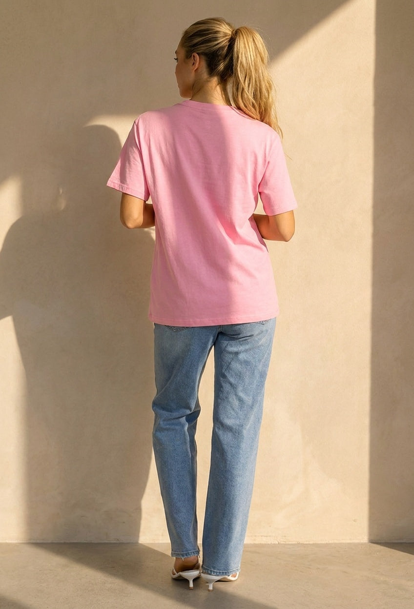 NEW220726 Roze Basic T-Shirt met Ronde Hals en Korte Mouwen