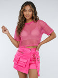 Neon Roze Fishnet Top met Korte Mouwen en Ronde Hals