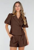 NEW190826 Bruine Blazer met Reverskraag en Korte Pofmouwen