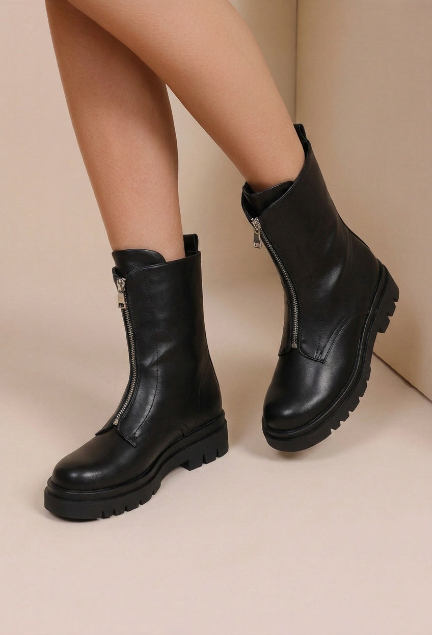 NEW290726 Zwarte Biker Boots met Rits en Grove Zool