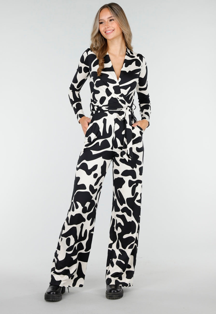 Zwart-Witte Stretch Jumpsuit met Print en Overslagtop