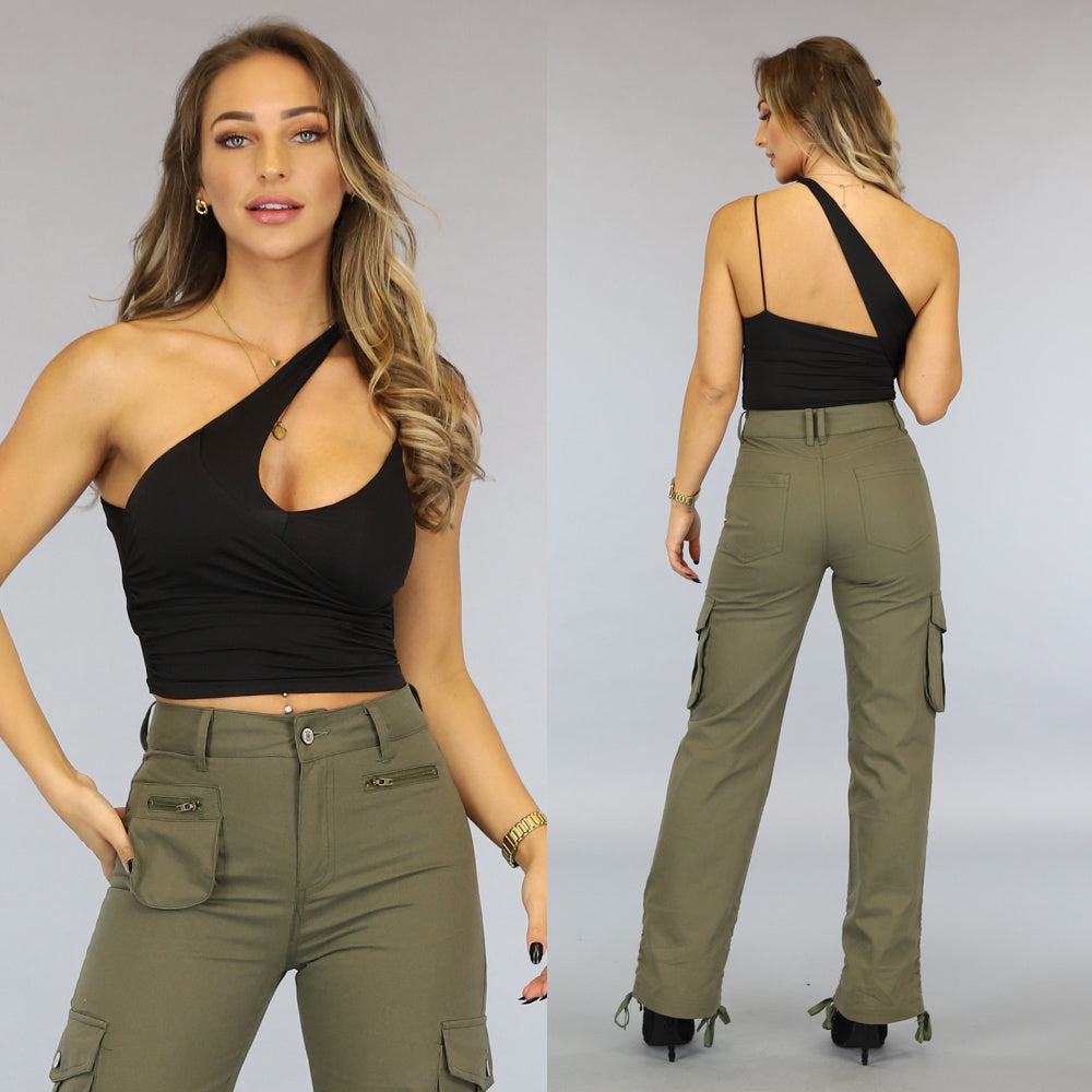 Zwarte Asymmetrische One Shoulder Stretch Top
