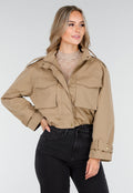 Beige Cropped Jas met Grote Zakken en Rechte Pasvorm