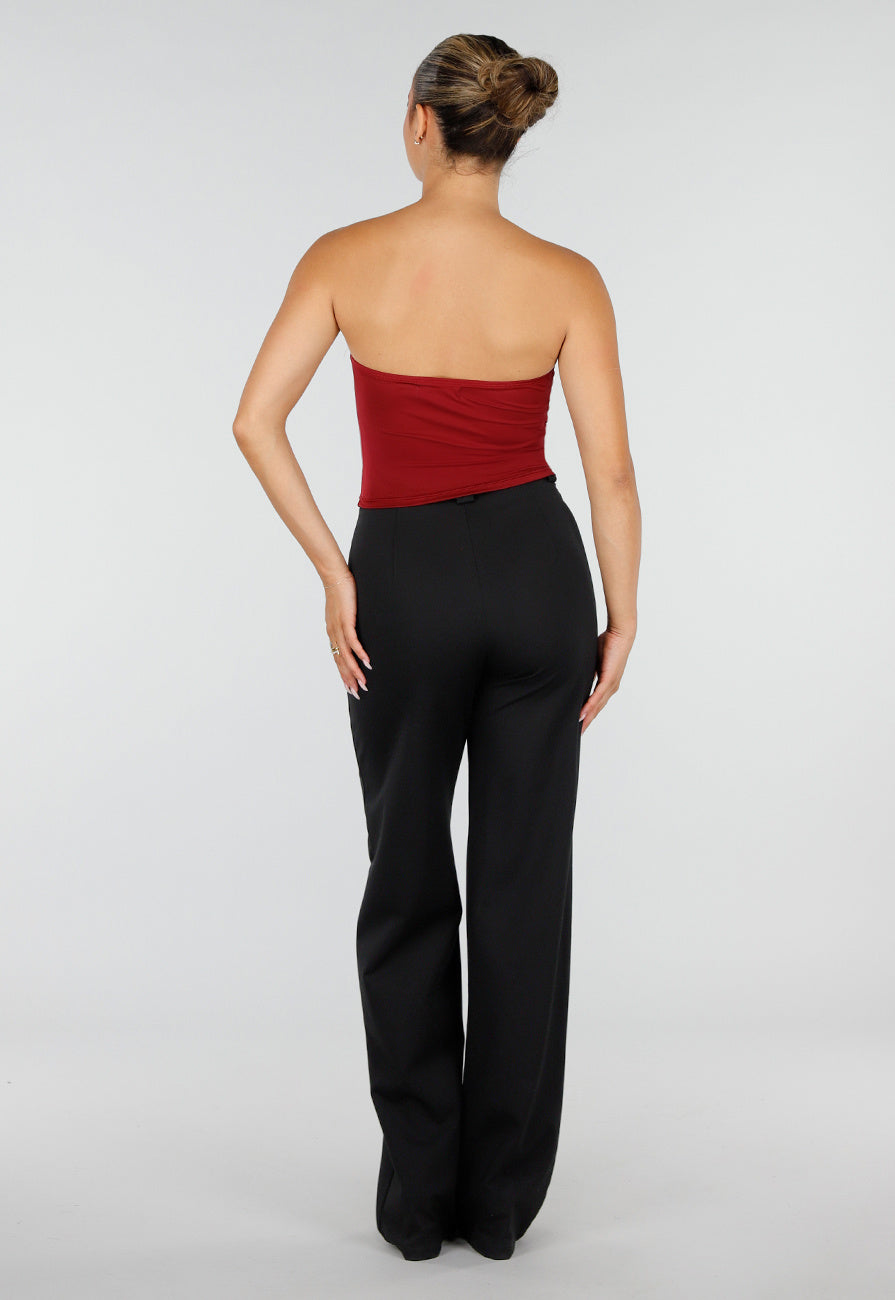 NEW120826 Bordeauxrode Strapless Fringe Top met Stretch