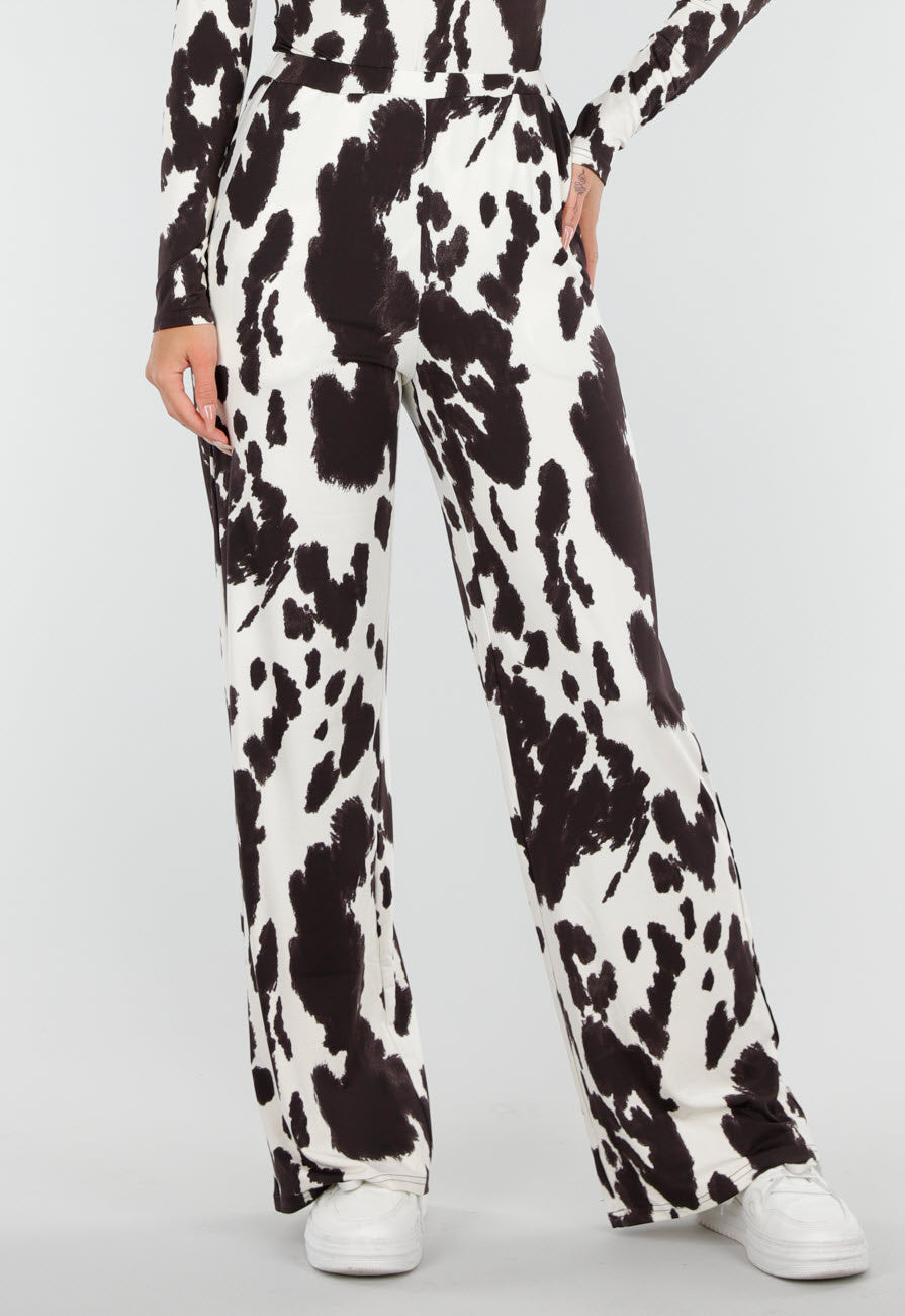 Bruin-Witte Stretchbroek met Koeienprint en Rechte Pijpen