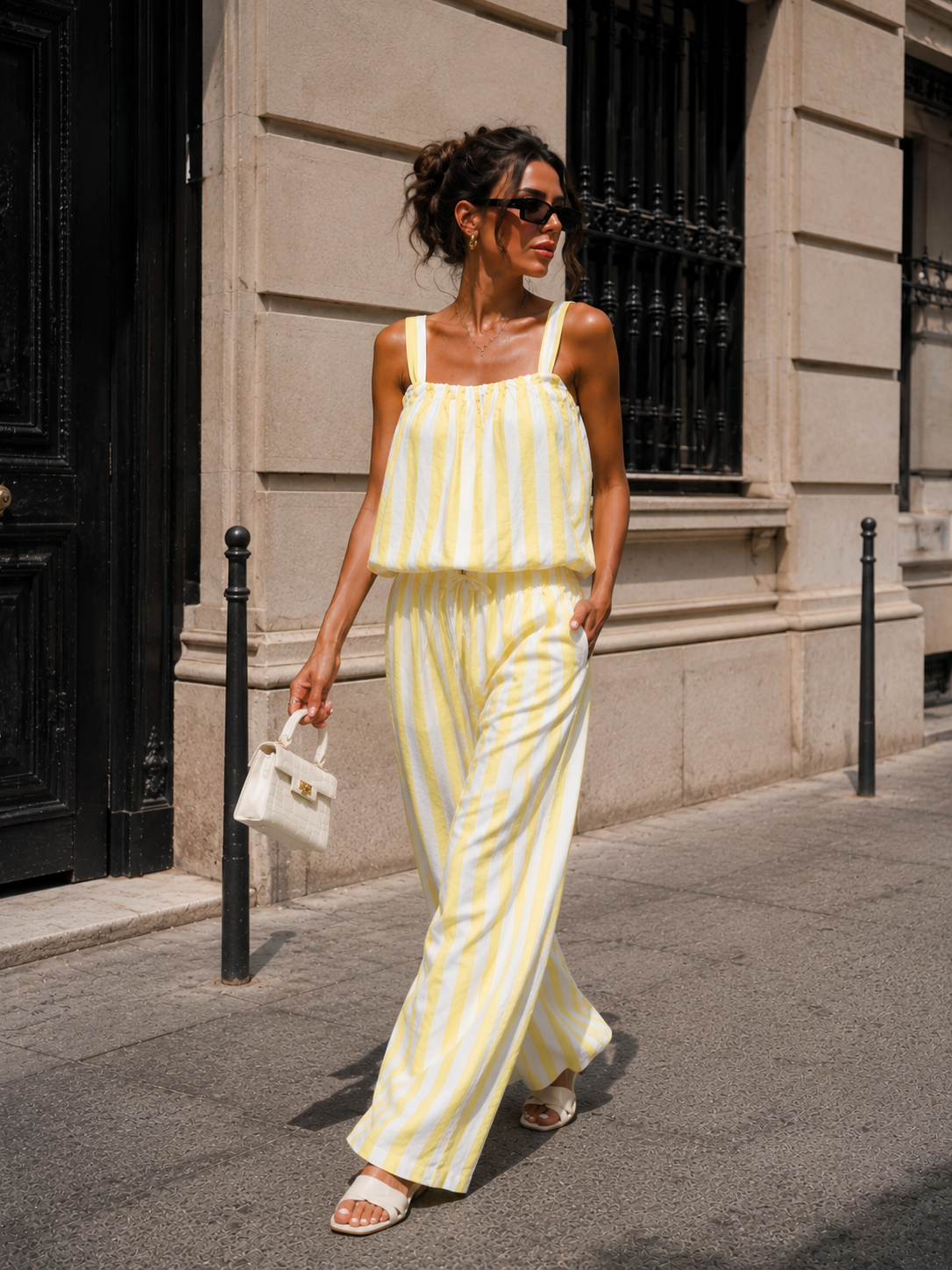 Geel Witte Gestreepte Two Piece Set met Mouwloze Top en Wide Leg Broek