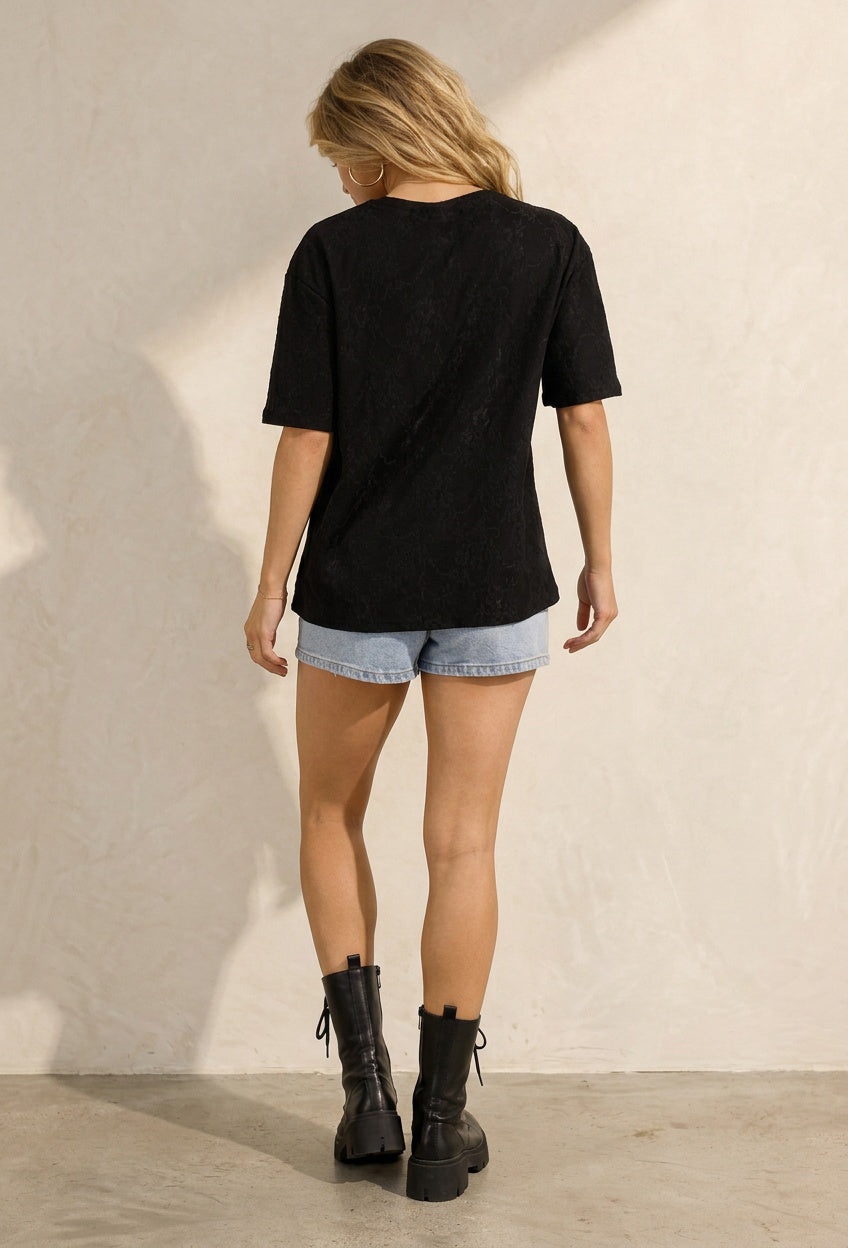 Zwart Kanten T-shirt met Korte Mouwen en Ronde Hals