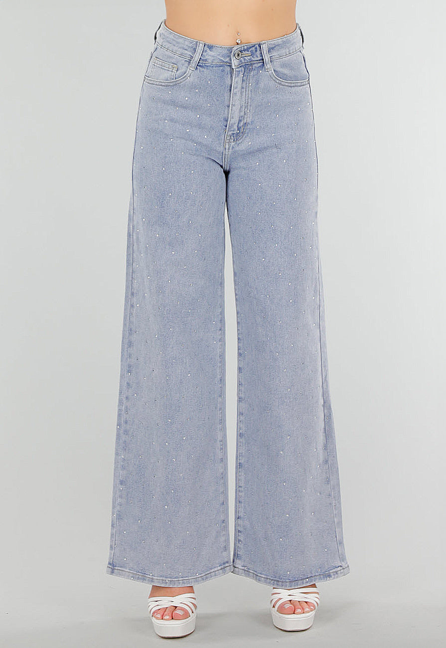 Blauwe Denim Jeans met Strass, High Waist en Rechte Stretch Fit