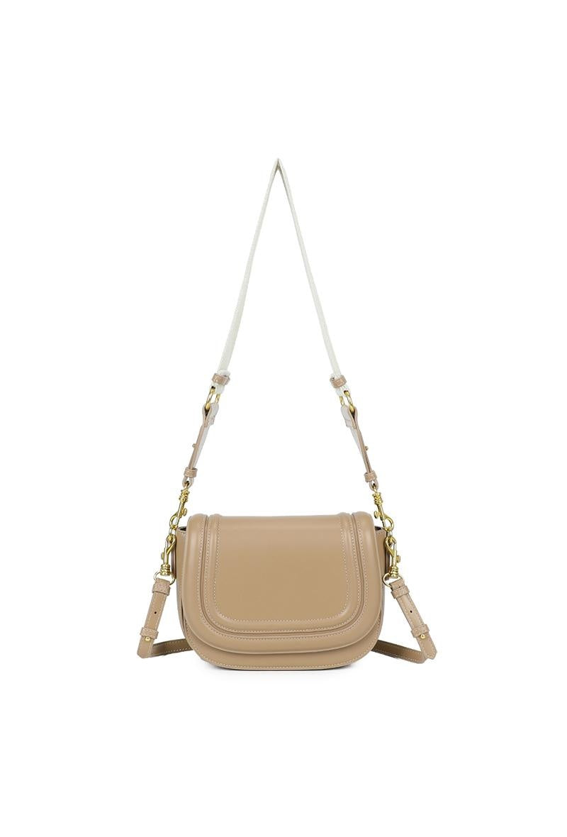 Beige Crossbody Tas met Brede Band en Gouden Accenten