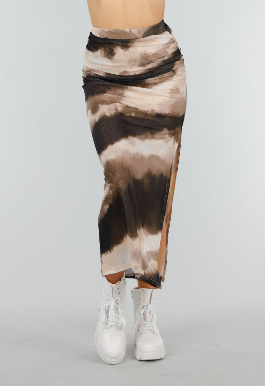 Beige Bruine Mesh Rok met Elastische Tailleband en Geplooid Detail