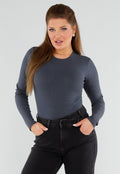 Donkergrijze Geribde String Body met Lange Mouwen en Ronde Hals