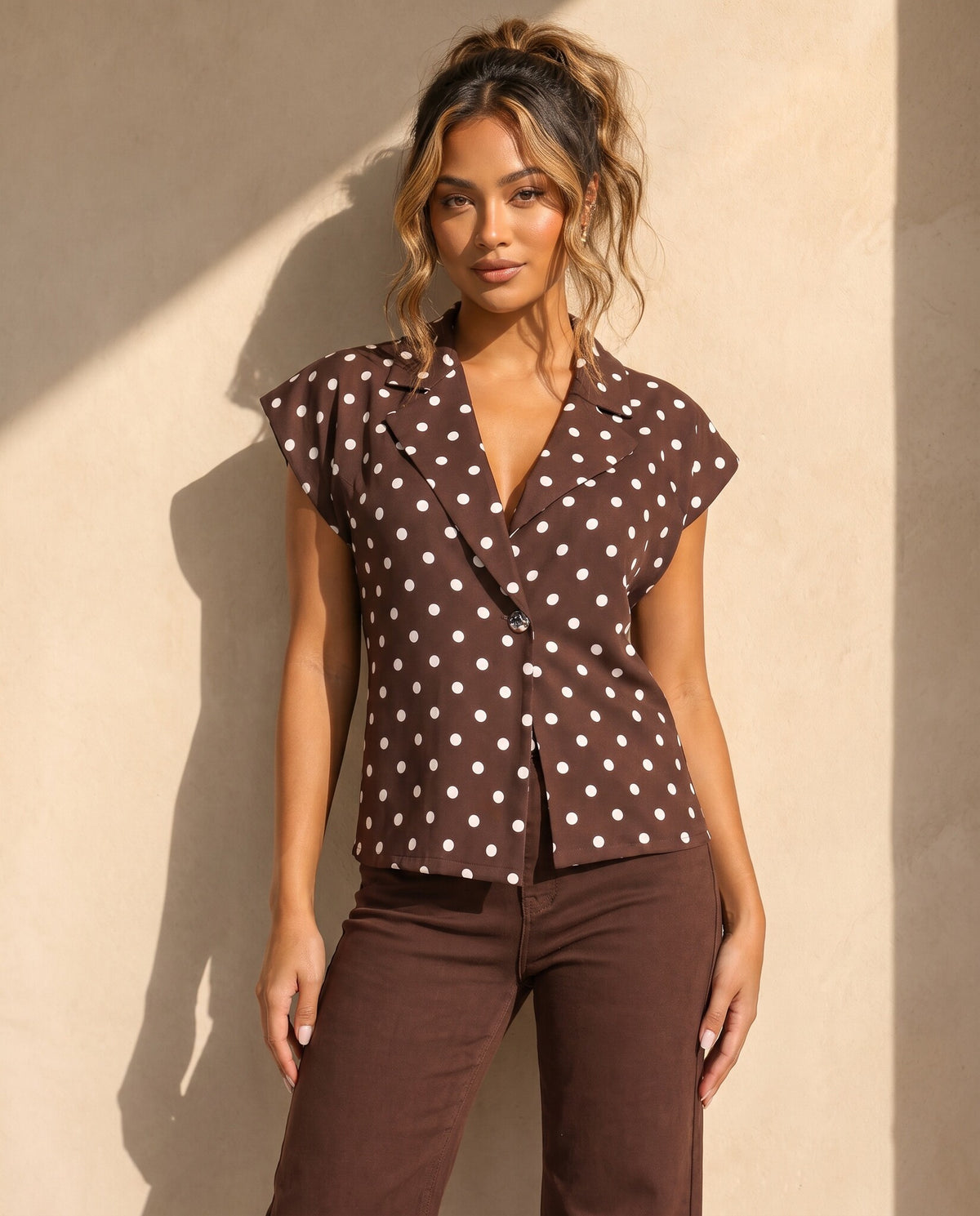 Bruine Polkadot Blazer Top met Schoudervulling