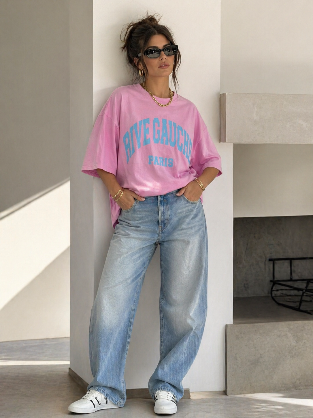Roze Oversized T-Shirt met Blauwe Tekstprint