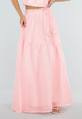 NEW150726 Lichtroze Maxi Rok met Strikceintuur en Volant
