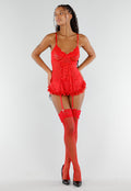 Rode Lingerie Set met Korsettop Jarretels Kanten Details en Netkousen