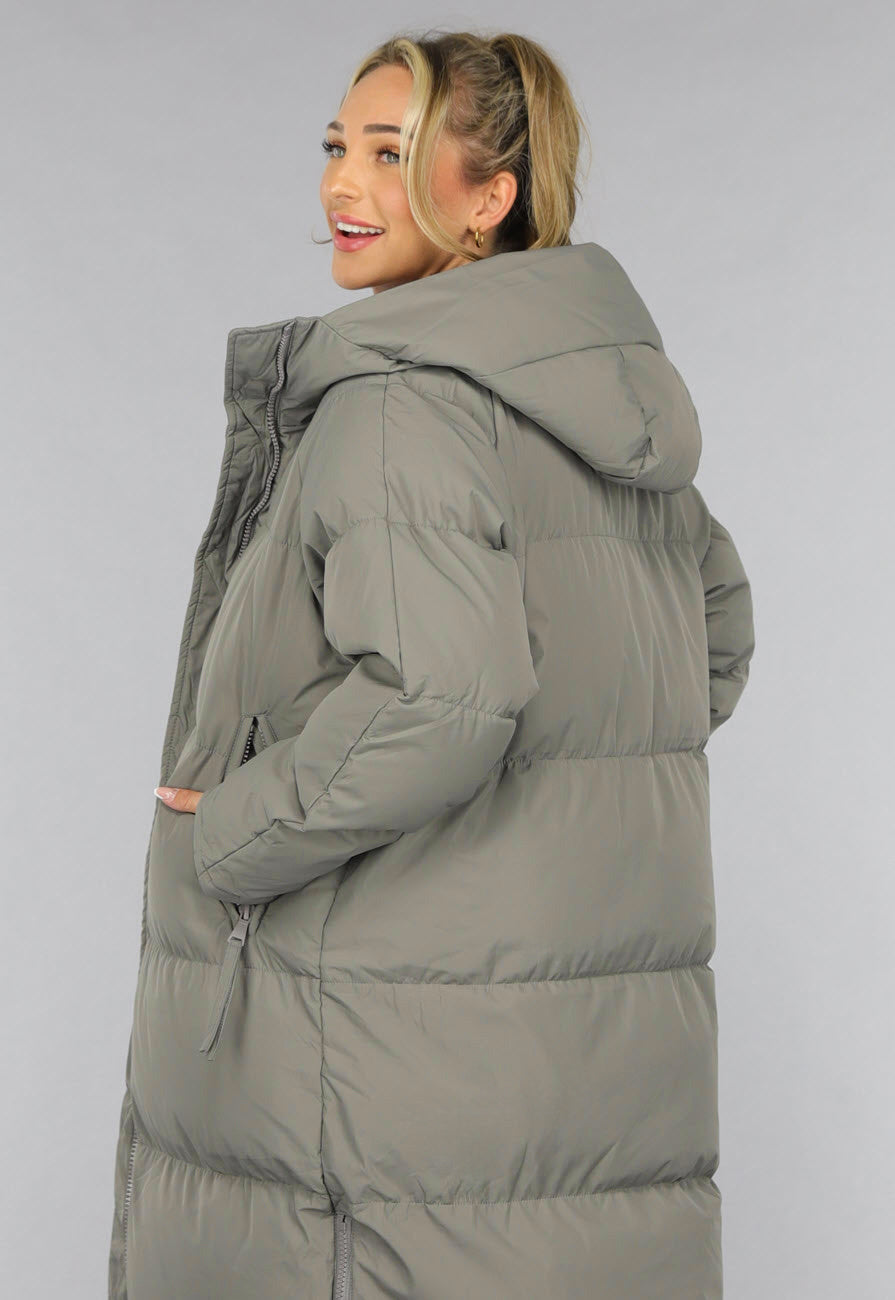 Grijze Lange Puffer Winterjas