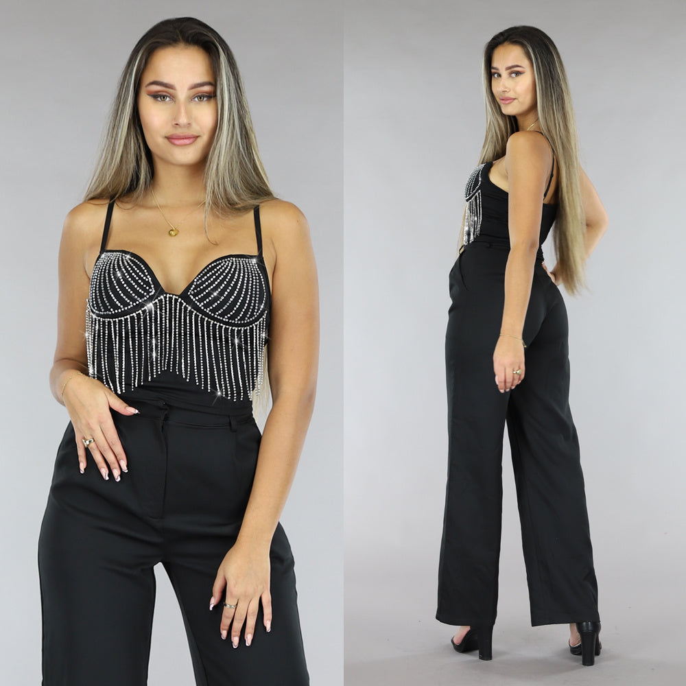 Zwarte Strass Top met Cups en Verstelbare Bandjes