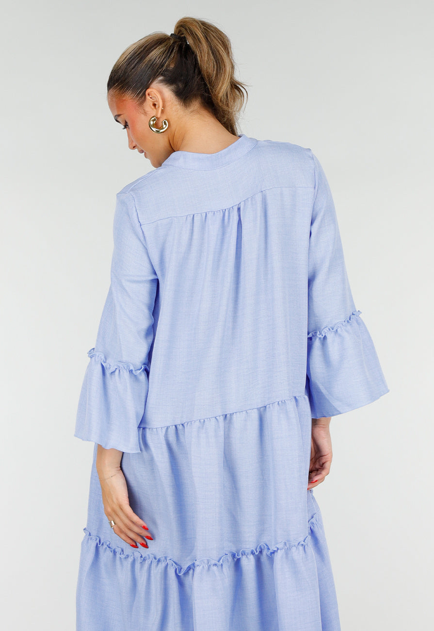 Lichtblauwe Midi Jurk met V-hals en Ruffle Details