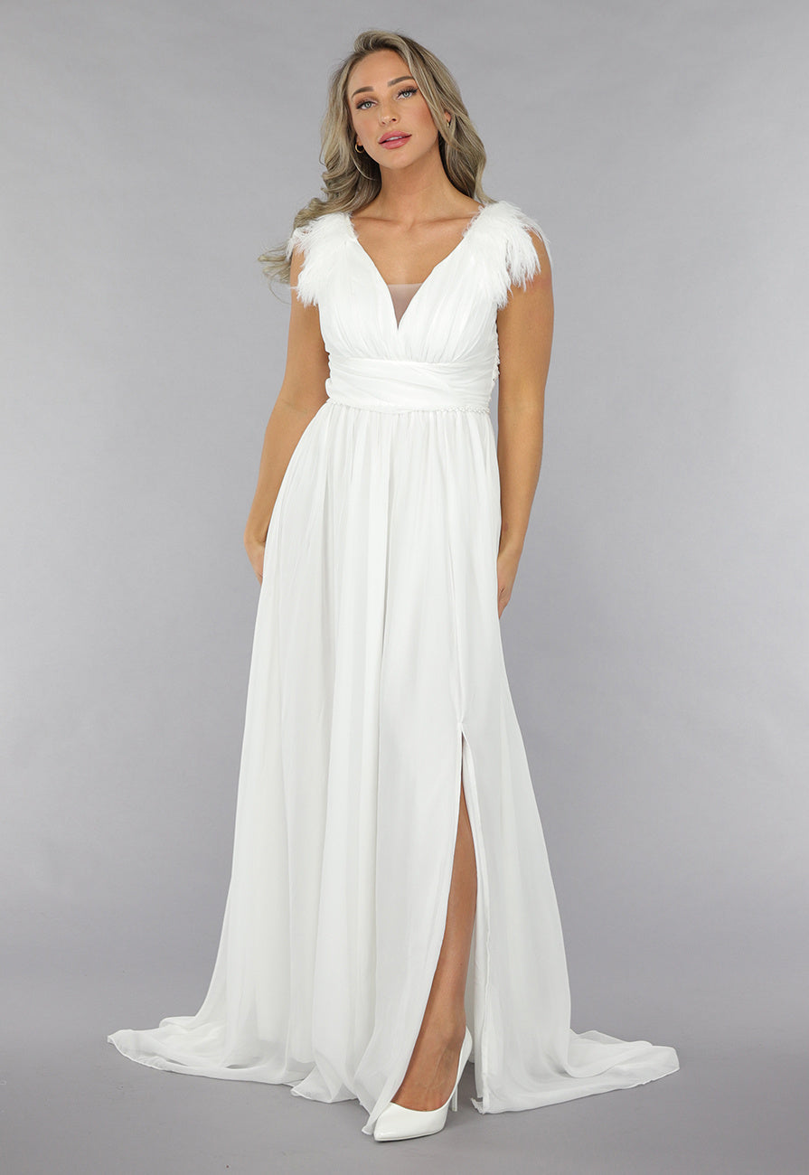 Lange Witte Chiffon Jurk met Veren Details