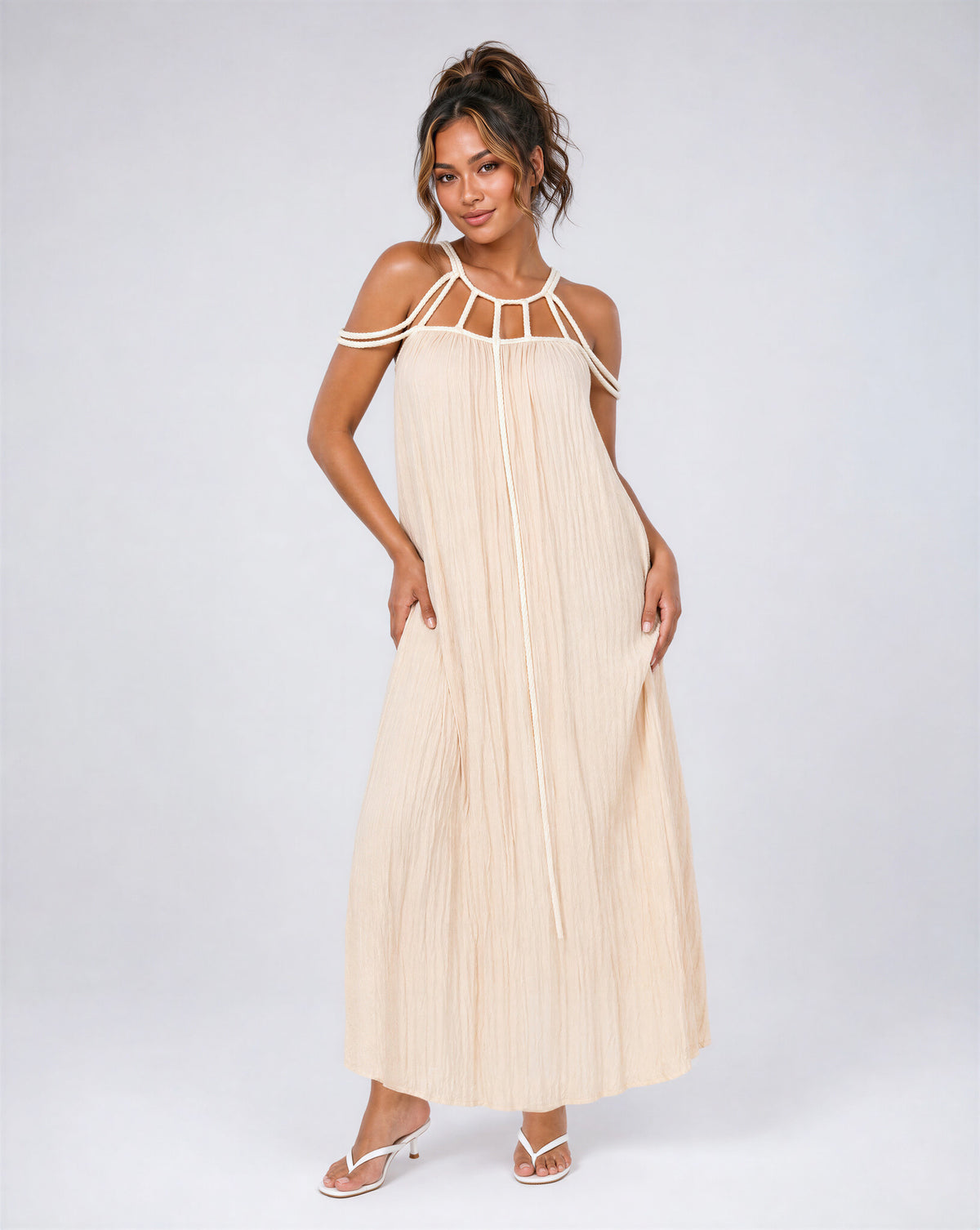 Beige Mousseline Maxi Jurk met Open Rug en Touwdetails
