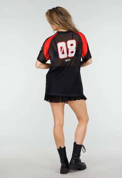 Zwart Rood Mesh Jersey T-Shirt met Print en V-hals