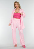 Lichtroze Crinkle Stretch Set met Rechte Broek en Doorknoop Blouse van Luchtige Stof