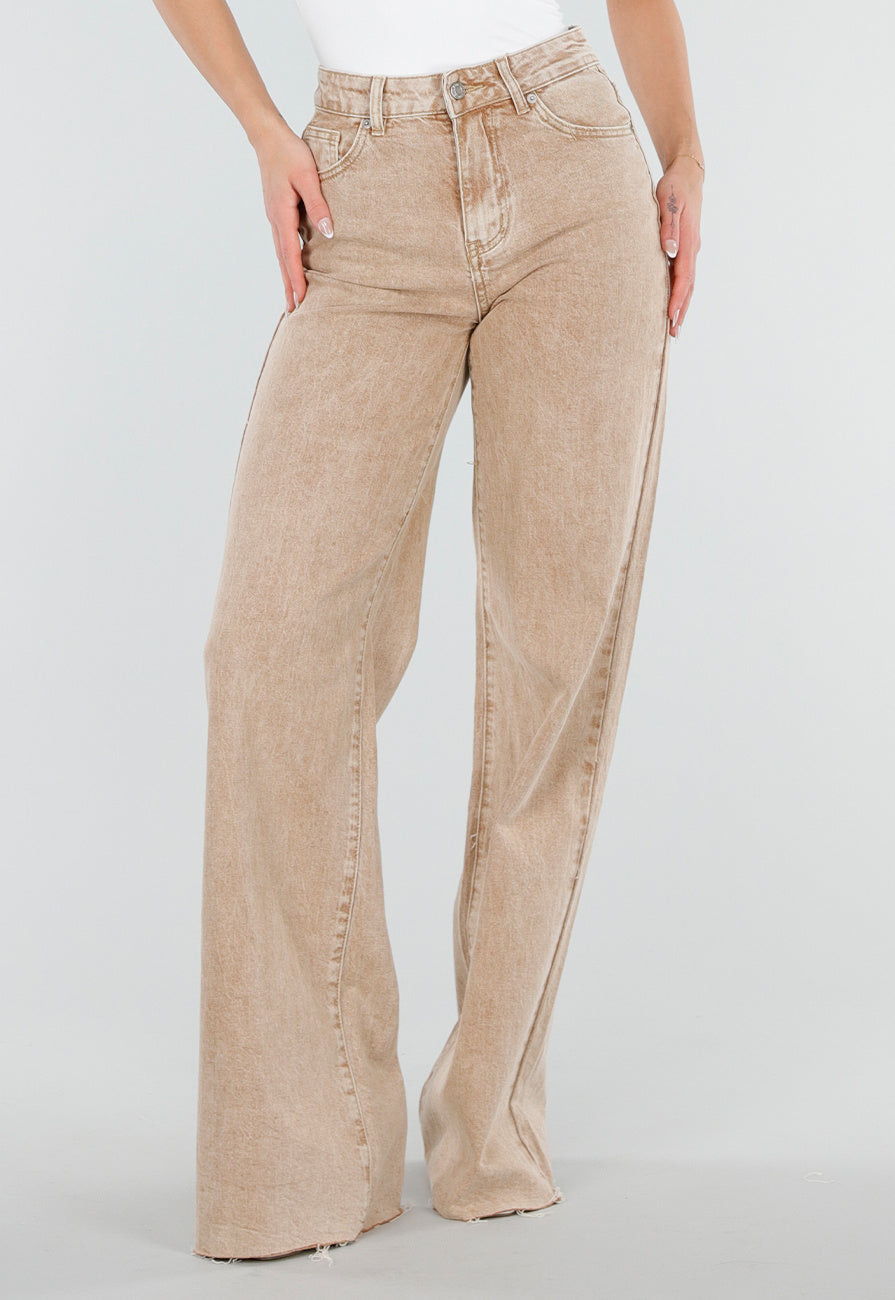 Beige Wide Leg Tall Denim Jeans met Wassing