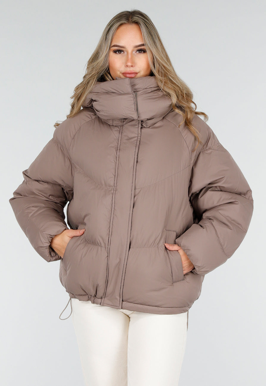 Taupe Pufferjas met Capuchon en Rits