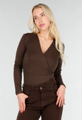 Bruine Wrap Bodysuit met Lange Mouw