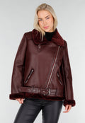 Bordeaux Rode Imitatie Leren Biker Jas met Faux Fur
