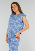 Blauwe Mouwloze Stretch Top met Schoudervullingen