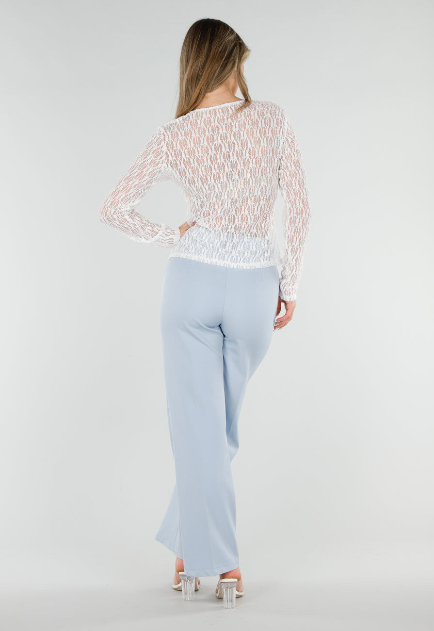 Witte Kant Top met Ruches en Lange Mouwen