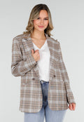 Beige Geruite Blazer met Schoudervullingen