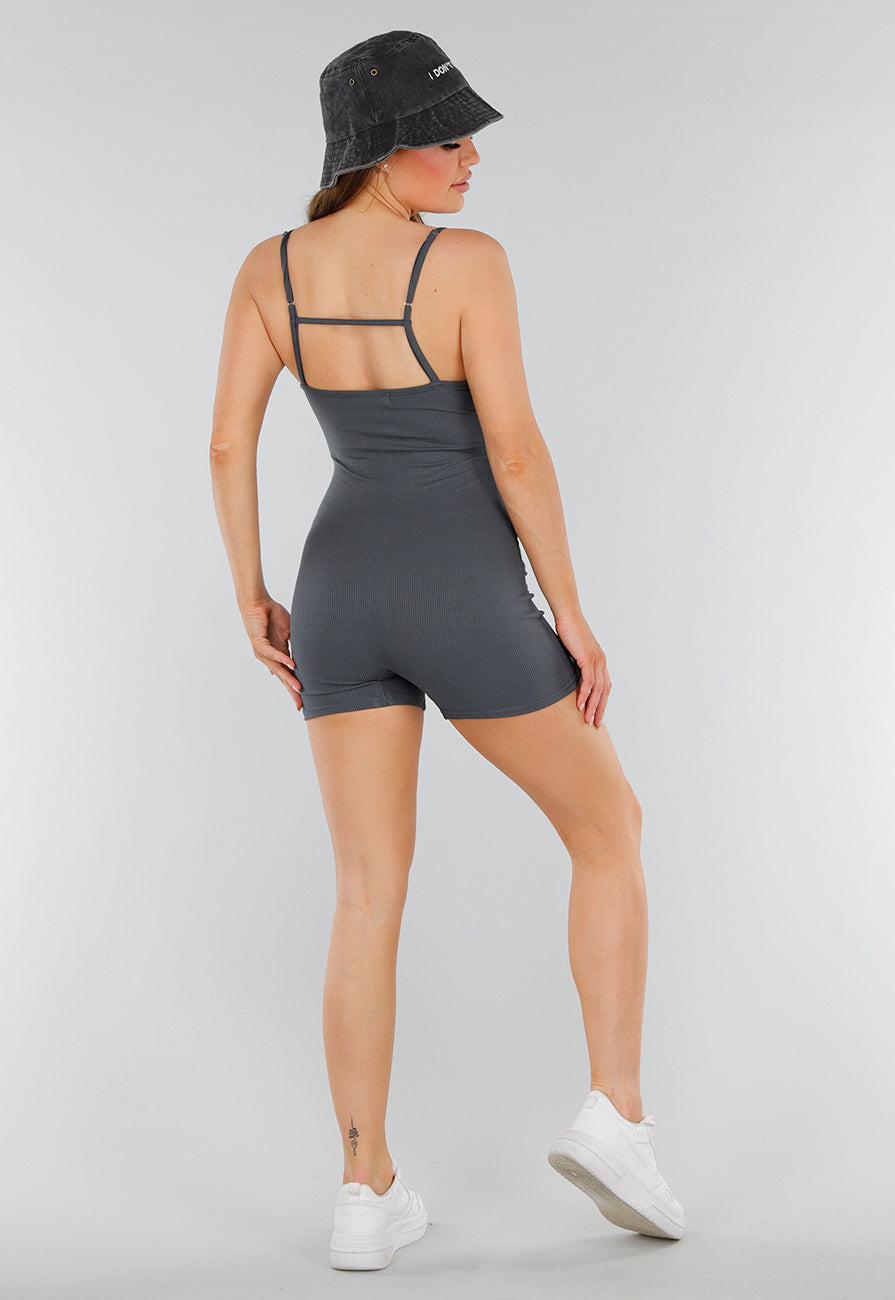 Grijze Playsuit met Ribstructuur, Stretch en Rechte Hals