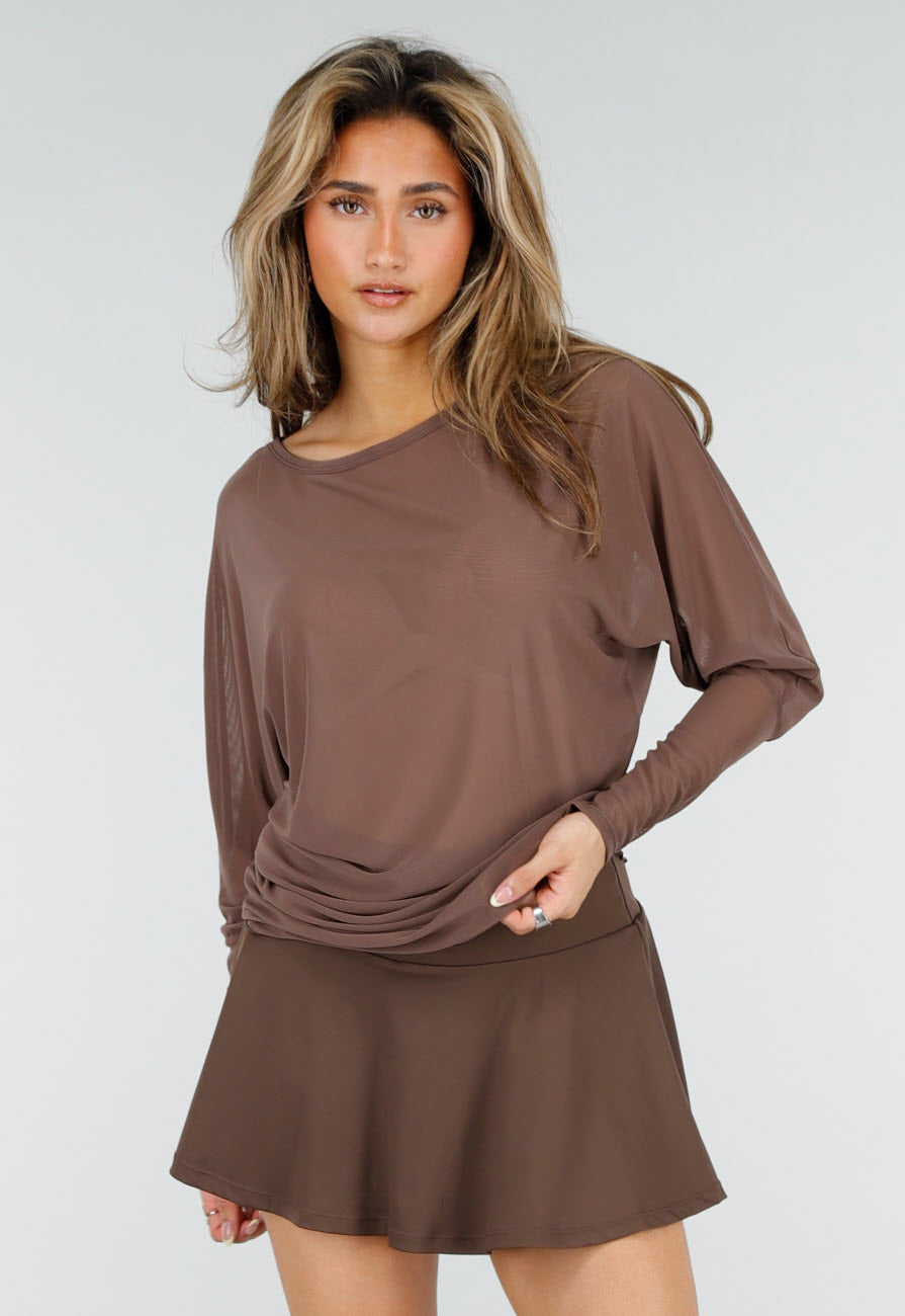 Bruine Transparante Mesh Top met Lange Mouwen en Stretch