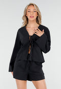 Zwarte Linnenlook 2-Piece Set met Striktop en Shorts