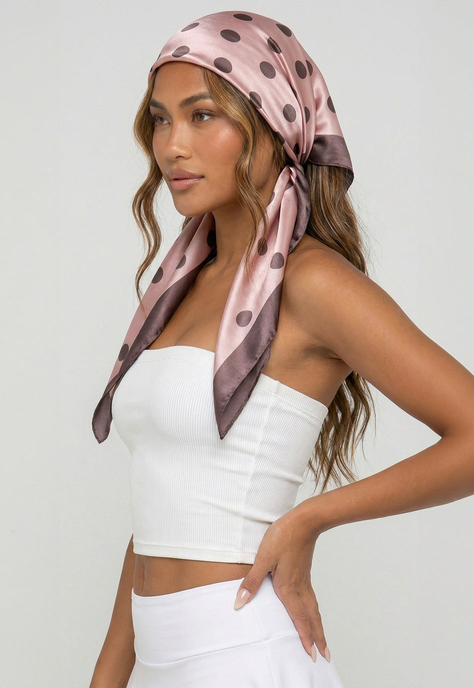NEW080726 Roze Polkadot Satijnen Bandana met Donkerbruine Rand