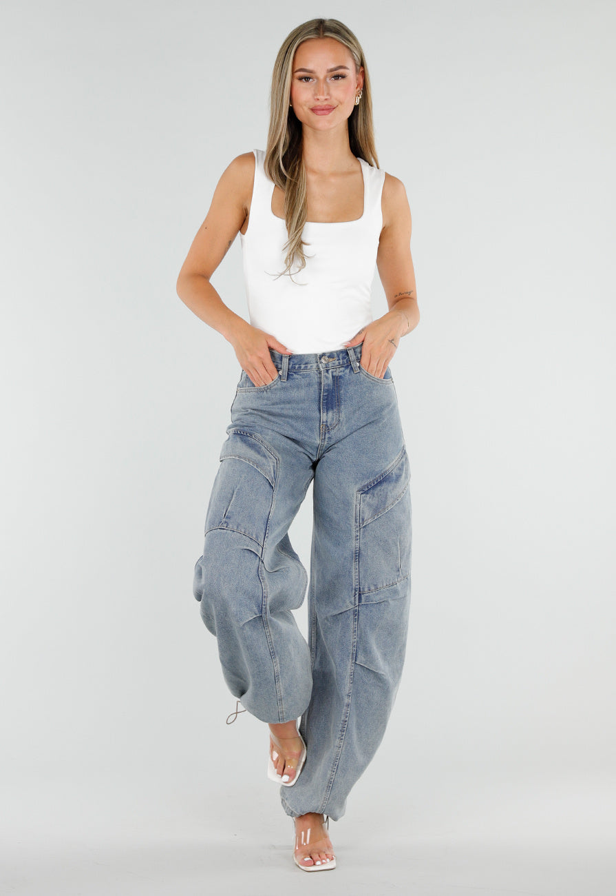 Lichtblauwe Balloon Jeans met Trekkoord en Hoge Taille