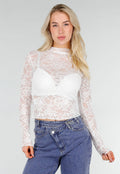 Witte Kanten Mesh Top met Stretch en Col