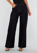 NEW020926 Donkerblauwe Denim Stretch Jeans met Straight Leg en Taillekoord