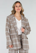 Beige Geruite Blazer met Schoudervullingen