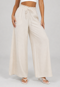 NEW010726 Beige Wide Leg Broek met Smock Taille en Strikkoord