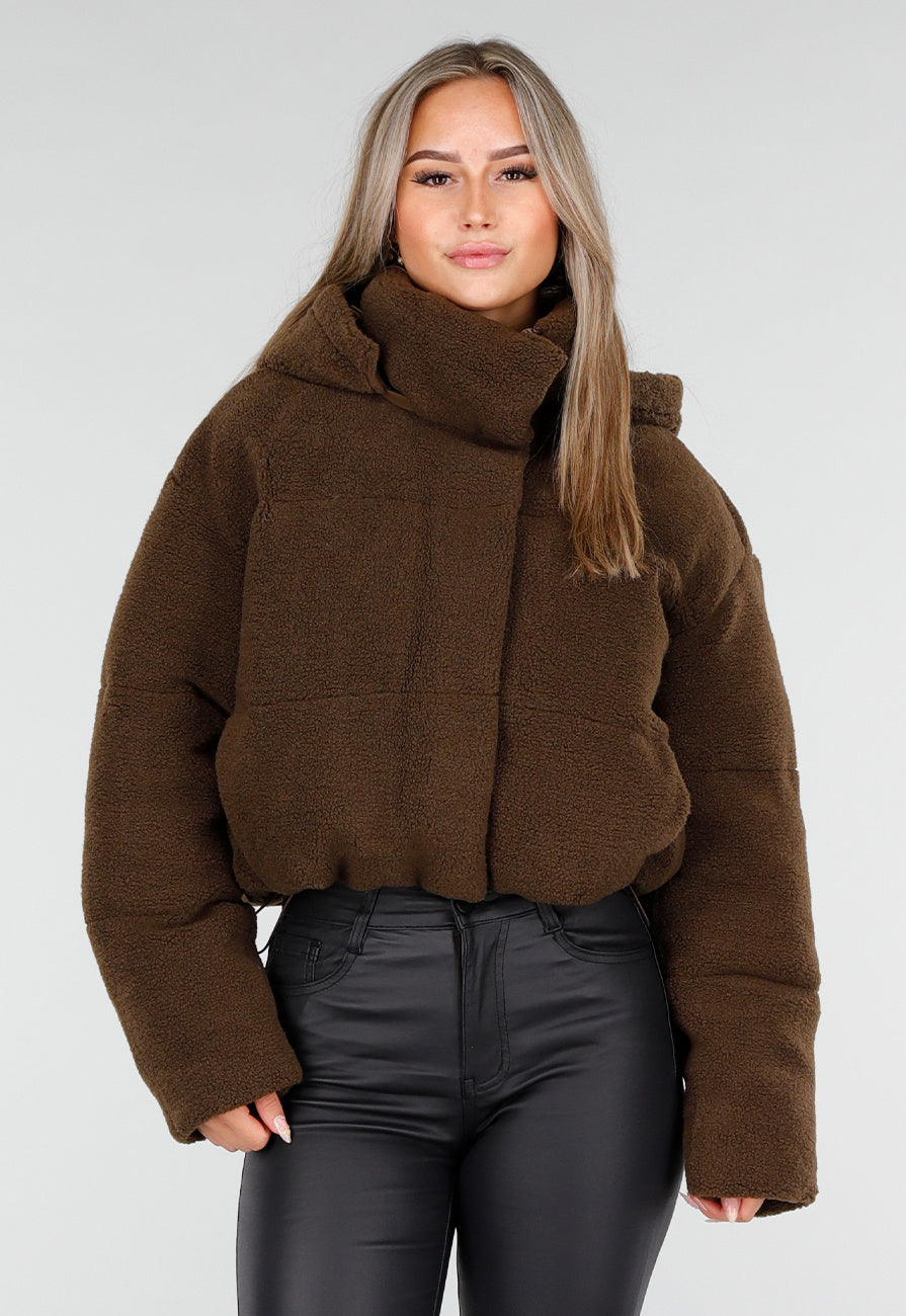 Bruine Teddy Puffer Jas met Hoge Kraag en Capuchon