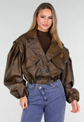 Bruin Oversized Faux Leather Jasje met Pofmouwen