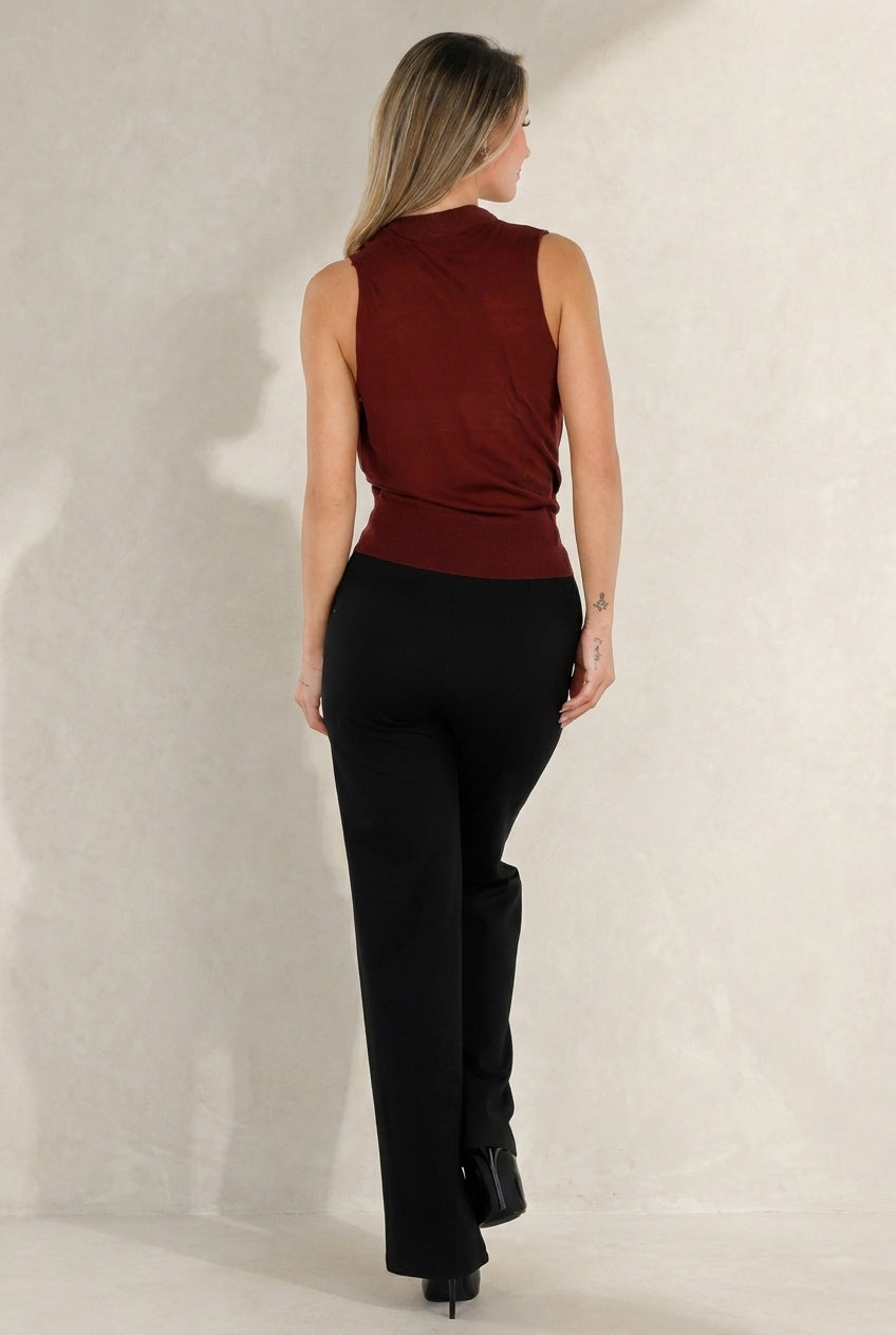 NEW080726 Bordeaux Rode Mouwloze Wikkel Top met V-Hals