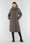 Khaki Lange Pufferjas met Capuchon en Hoge Kraag
